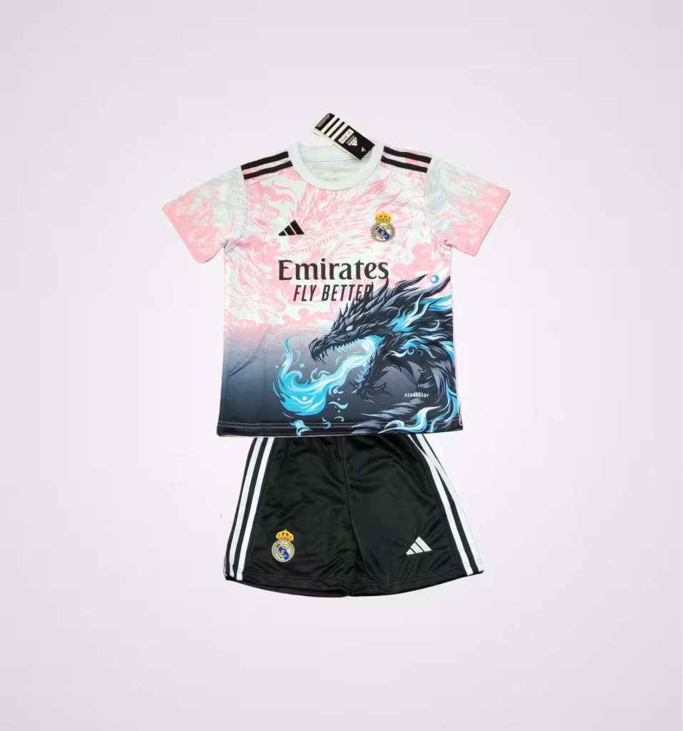 Real Madrid 2025-26 Dragon Pink Blue Premium Kit Kids