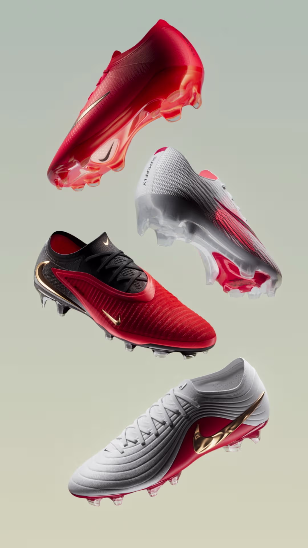 Four football cleats in red, white and black